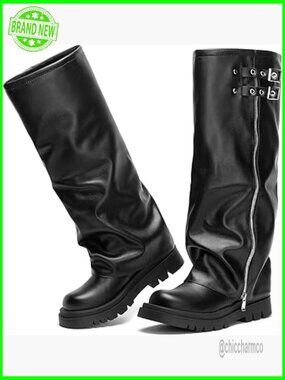 Fold Over Knee High Boots Round Toe Chunky Heel Slip-on Combat Moto Biker